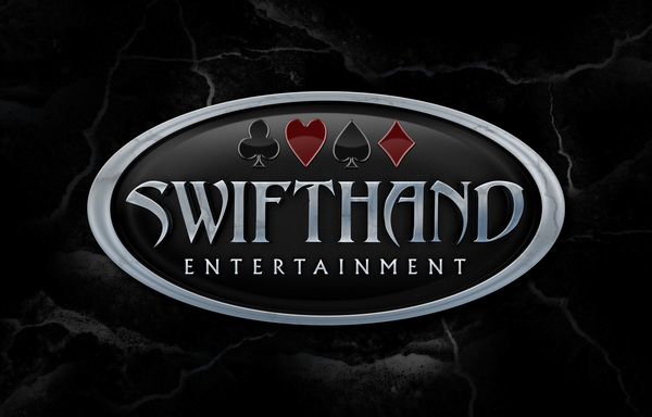 Swifthand entertainment Metal effect cards diamonds hearts clubs spades logo