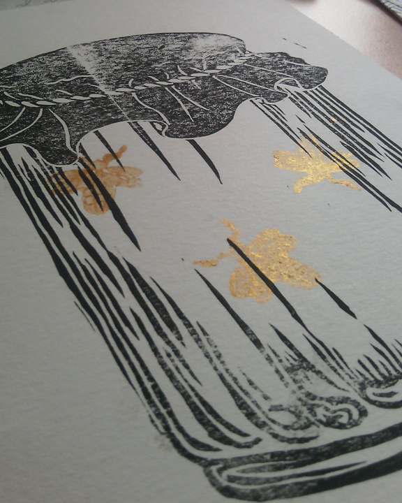 Fireflye jar print ink golden ink gold luciernaga Tarro tinta tinta dorada grabado Serie hojas leafs