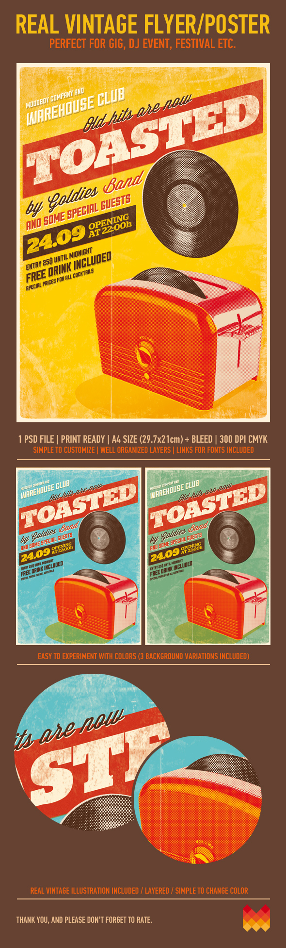 vintage poster print ad flyer party Retro grunge disco LP toasted graphicriver template psd
