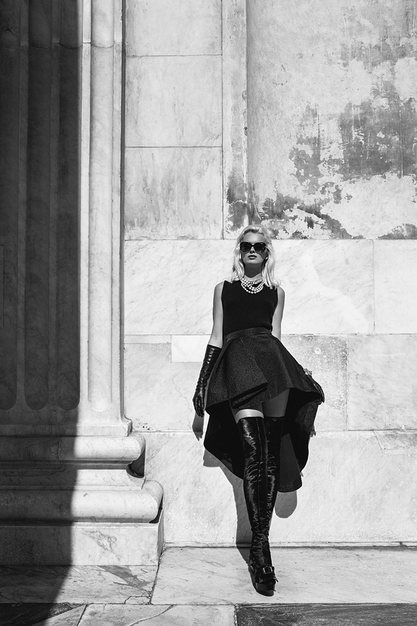 editorial woman location genova Italy black & white color coat blonde blonde hair magazine Cinema