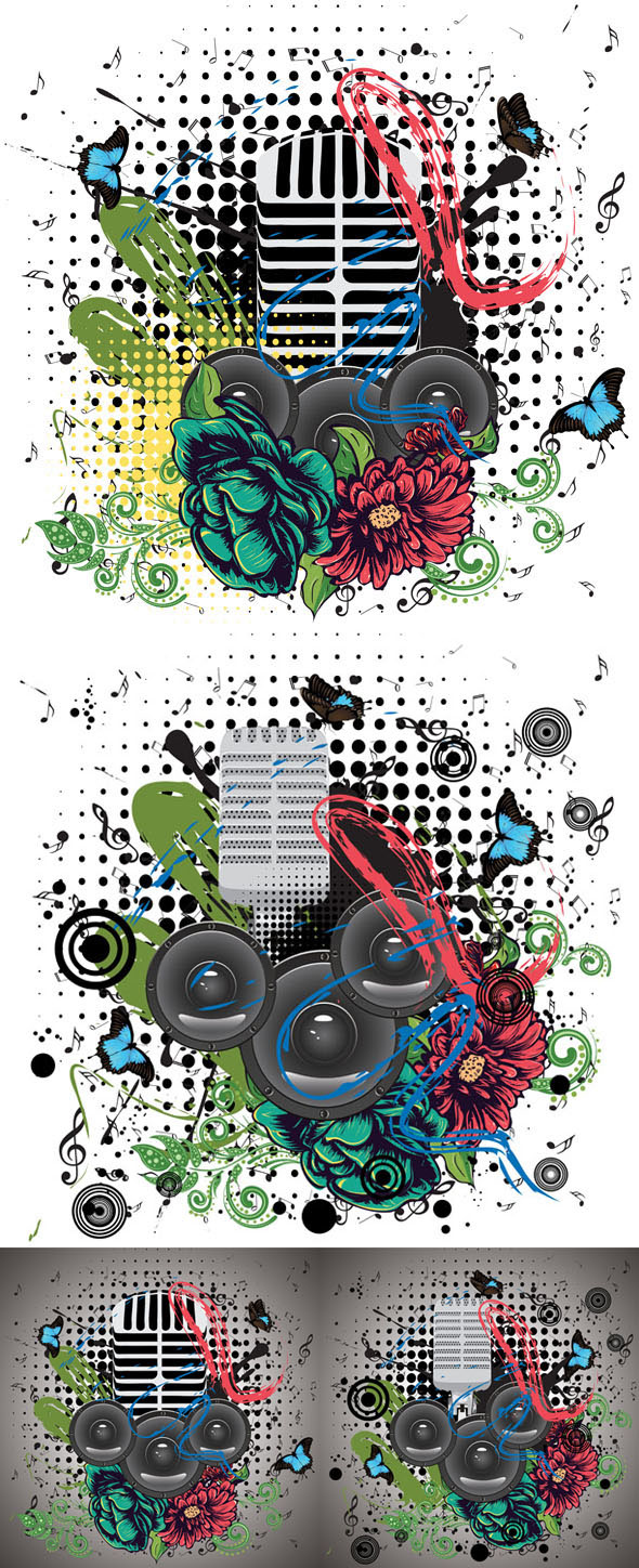 microphone grunge vintage Retro metal rock floral music design poster speaker