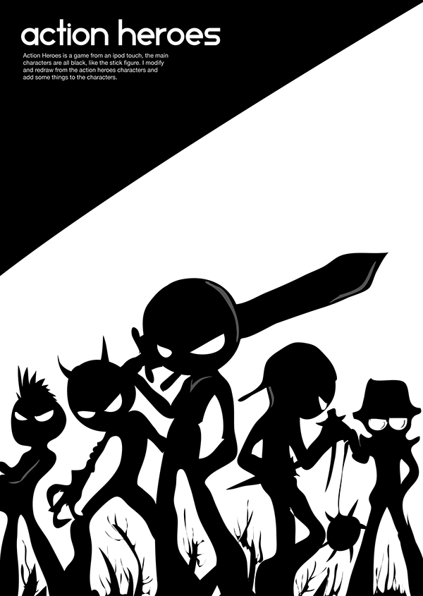 action heroes action heroes Hero game ipod touch iphone Stick Figure black White black and white kevin aderland raffles Illustrator cartoon