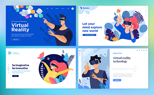 Virtual reality vr Website template Technology game Entertainment Education headset vector