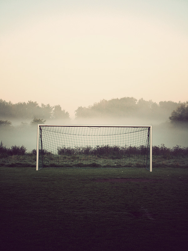 Goals goal football field fog mist foggy misty MORNING early pitch. architecture