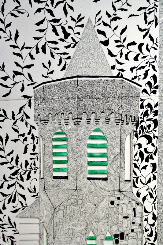 pattern green detail pen ink hand drawn lines linear architectural builldings clock clock tower flag Barbados parliament crown portrait Portraiture women female woman hair colour color black and white ball point pens pigment liners yellow blue Caribbean Art  visual art drawings architect cut outs figurative abstract surreal fiction illustrations simone asia visual art