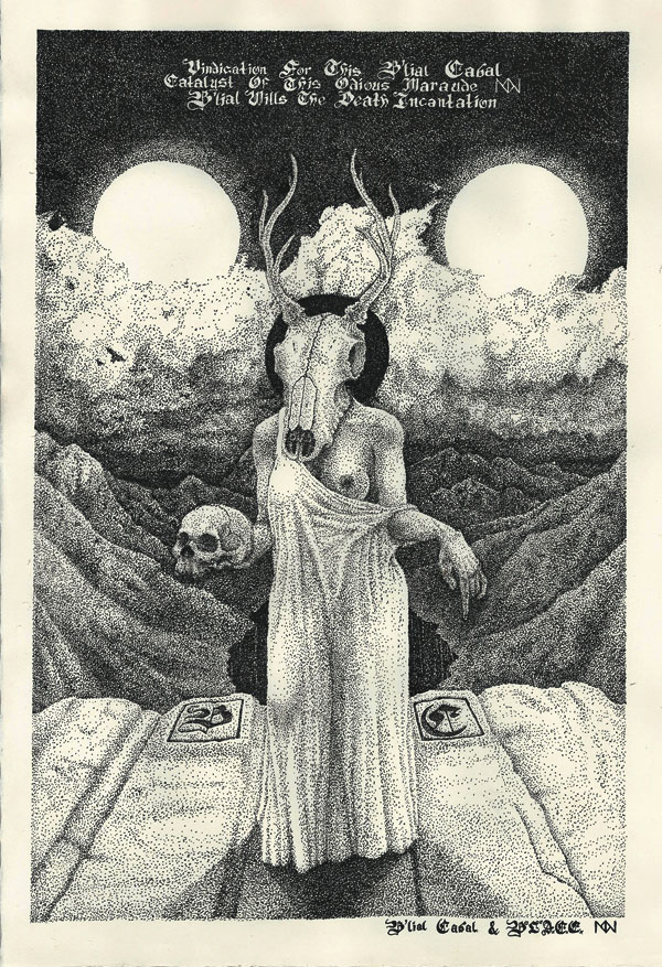 skull bc B'lial Cabal BLACC stippling dot work pointilism black metal death Landscape woman cloth clouds
