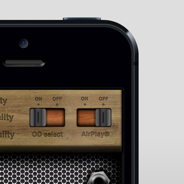 iphone UI desing gold knobs amplifier wire switches wood leather texture skeuomorphic design iphone app ui icons