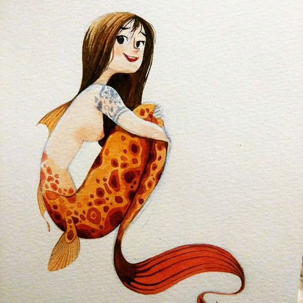 Leather-skinned mermaids in watercolor