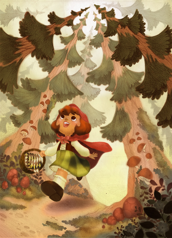 ILLUSTRATION  girl fairy tale fantasy little red riding hood red forest wolf enchanted