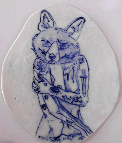 bunnies foxes cow tattoos porcelain ceramic drawings blue white clay