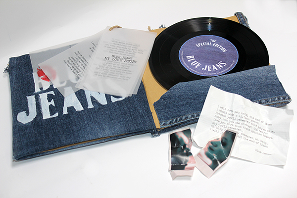 cd blue jeans wood box envelope typewritten vinyl LP