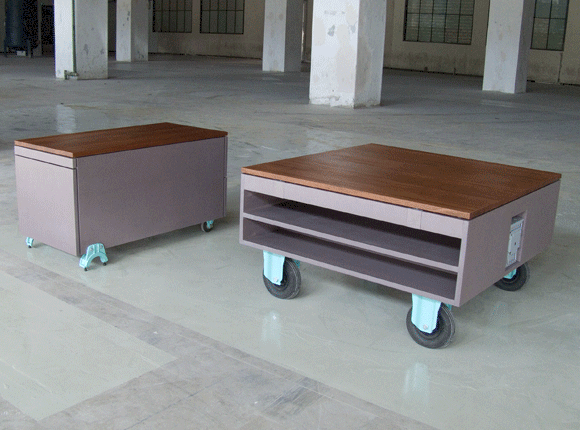 Tetrons Lijmbach Leeuw vormgeving product dutch eindhoven coffee table table storage furniture Interior wood mahogany color colour detail hardwood Playful slide table top liquor-cabinet liquor cabinet drawers bottles glasses compartments removable trays hidden underneath peculiar duo