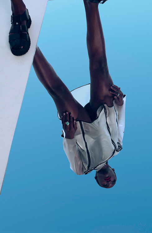 hear me out editorial black model Pipe wear plastic summer blue SKY skyes mirror swimsuit