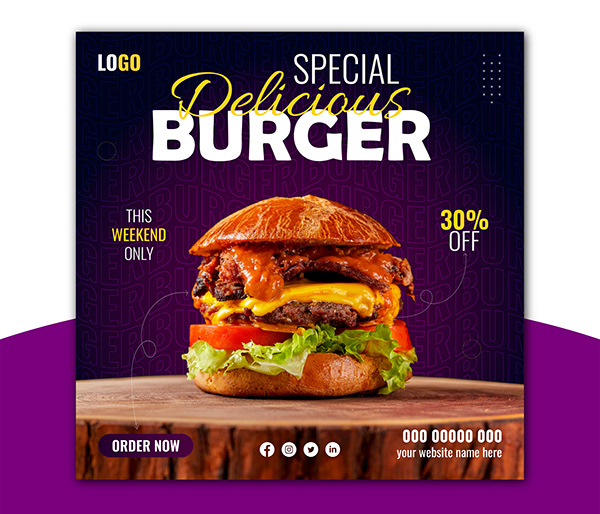 Food Social Media Post Design, Burger Banner, ads