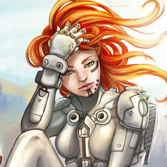 Red robot mecha pilot girl sci-fi Diserter freedom grass blue sky tatoo red hair green eyes robot lenny