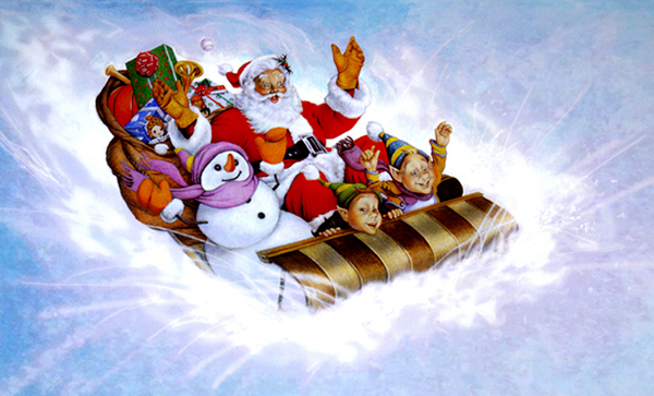 Santa Claus Christmas Sledding tobogganing sleigh ride Caroling snow scenes winter scenes fisher building Christmas shopping collectors plate  Acrylic painting night before Chrismas prints