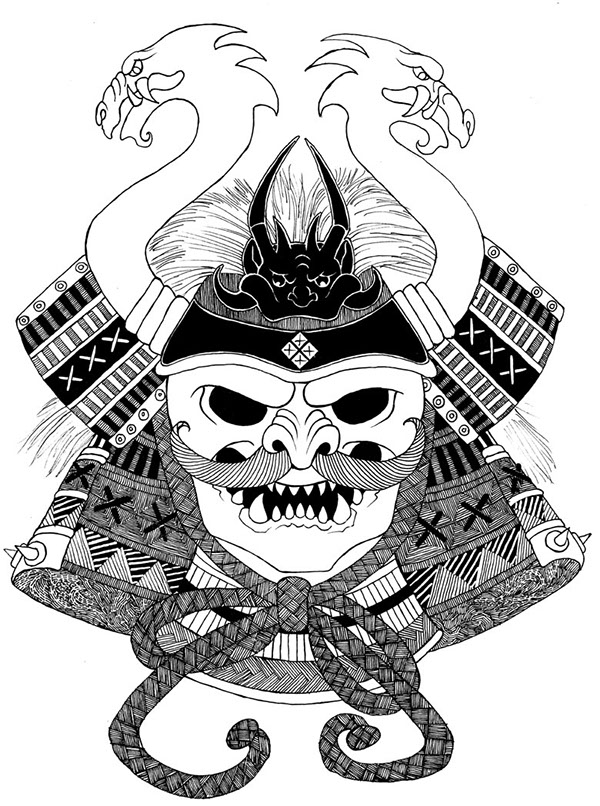 black and white  Illustration  asian style  asiatic japanese style  fantasy  dragons  dragon  kappa  geisha   ink  ink illustration