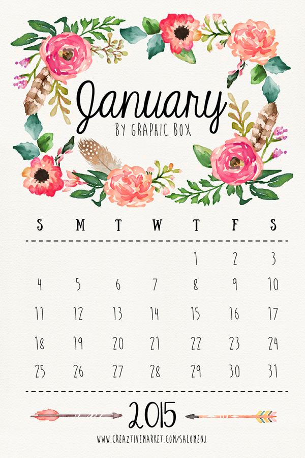freebie free Canlendar january February graphic graphic box creative print Holiday watercolor flower drawn Nature feather
