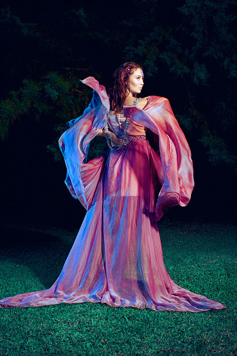 female model grass Tree  Flowers flowing dress pink blue fairy
