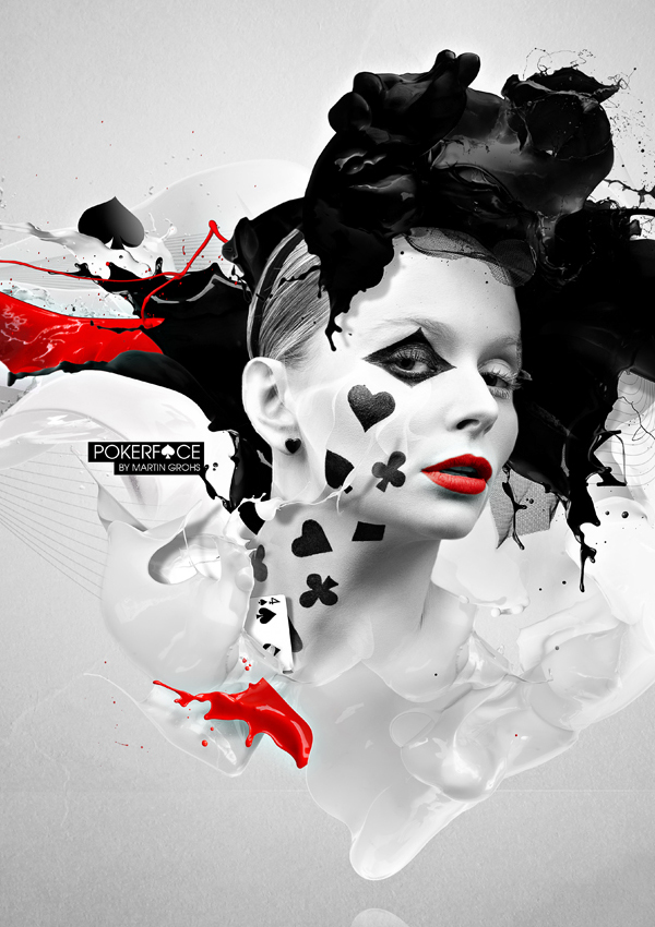 experimental Creativity photoshop surreal grohsARTig manipulation martin grohs www.martin-grohs.com mixed media woman girl face pokerface red black White splash Poker wallpaper