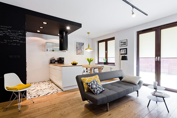 contemporary modern Interior oak floor black kitchen 