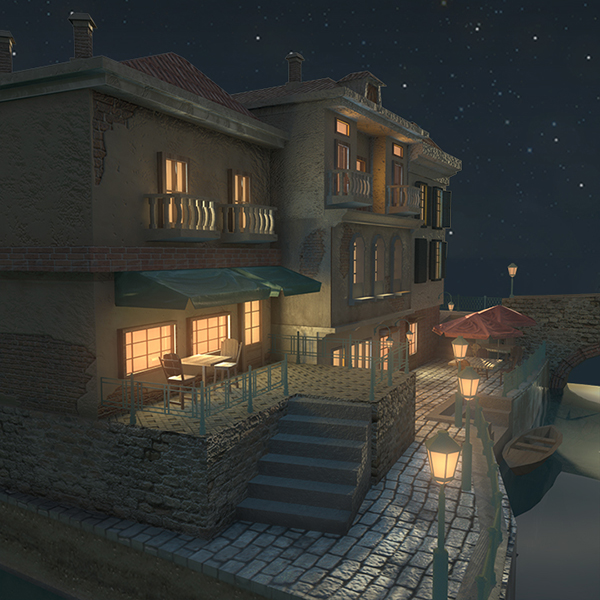 Isometric 3D city light Venice night environment Maya process hdp