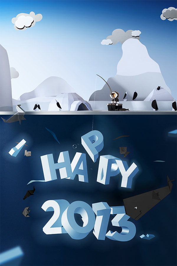 new year paper craft papercraft blue eskimo esquimau penguins igloo fishing baleine glace