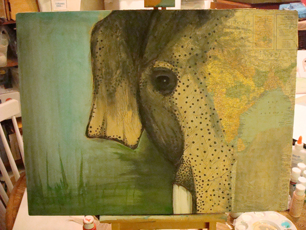 elephant canvas acrylic collage mixed media Renmeleon RIA Ana Maria Seaton India