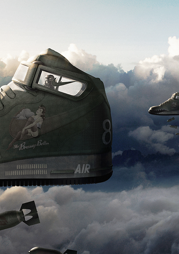 Nike  SHOE  bomber  photoshop air force one sneaker WWI WWII Pilot nose art girl clouds SKY War Foot Locker rivets woman Lady air kiss