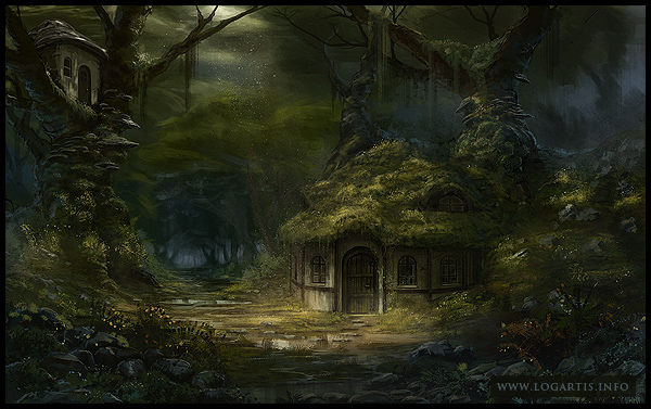 forest fairy tale woods trees house  Cabin tinder moss grass enchanted green