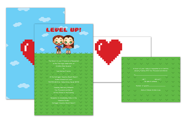 pixel 8-bit wedding invites Invitation Fun Playful heart Gamer green blue