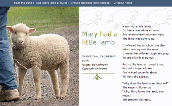 Web lamb Website web page homepage Mary Had a Little Lamb student Project
