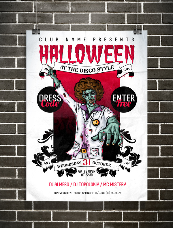 clean colorful dj Event flyer green Halloween lights Original party poster print ready red scheme