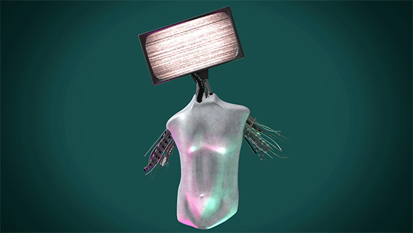 Cyborg statue cables wire distort noise tv 3D gif