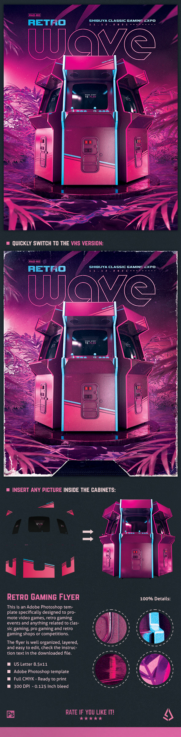 Retro Gaming Flyer 80s Synthwave Vapor Arcade Template