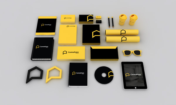real estate logo brand identity user interface UI ux user experience interaction Homes construction Stationery print visual identity yellow bold