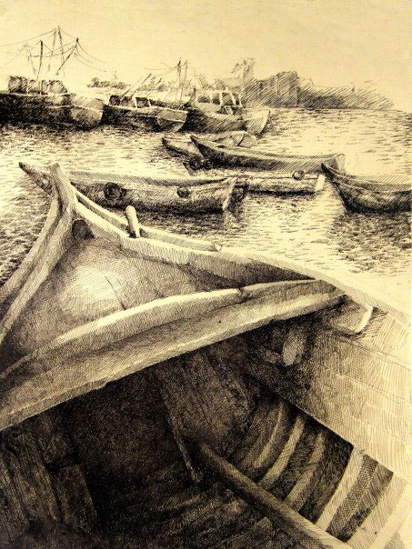alexandria el max sea Landscape etching pin& ink sketch art Tree  Boats