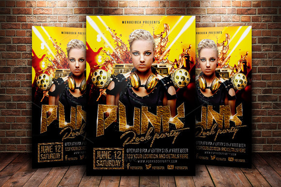rock punk Heavy party flyer concert flyer Rock Flyer Gun speaker gold headphone DANCE   nightclub template Event