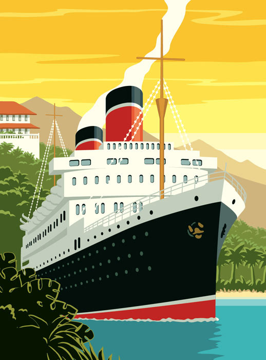 thirties style poster cruise ship in coastal landscape