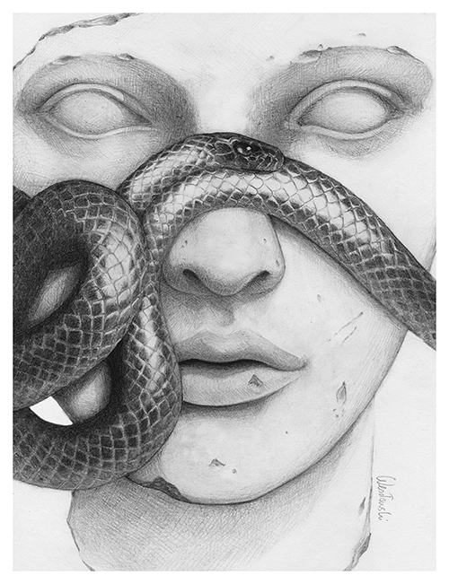 snake face Ancient black pencil woman girl White calm Marble