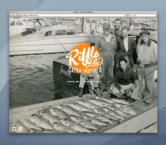 Riffle NW restaurant identity Website seafood fish Portland logo color palette orange black and white photographs buttons Business Cards