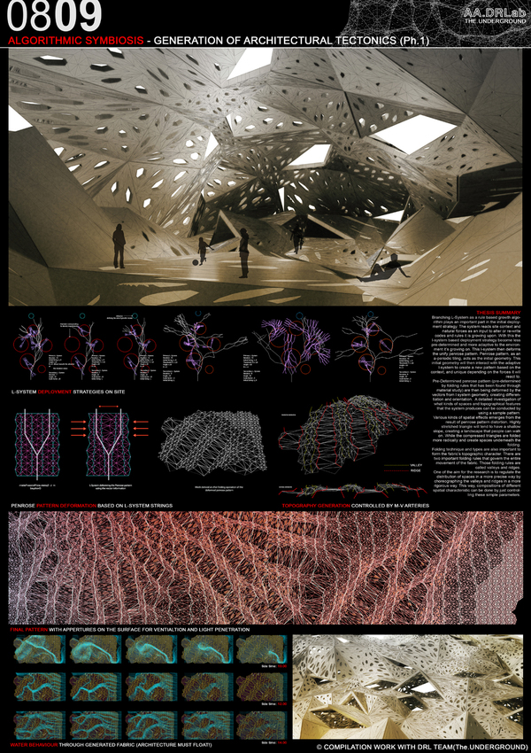 AA drl Graduate program Maya Fluids Interactive Wall installation habitable wall rule based growth systems algorithmic architecture material qualities experimental innovative designs generation of architectonics algorithmic symbiosis