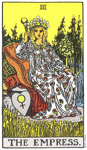 The Pamela Coleman Smith illustration of the Empress card from the tarot. It is the most common vers