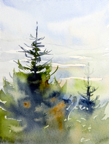 winter watercolor mountain Tree  postard air light snow arches view
