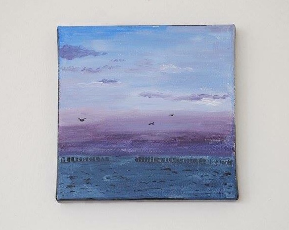 morze mielno nadmorski klimat Mewy Ptaki Widok polskie morze obraz Akryle farby akrylowe fiolet błękit chmury horyzont Krajobraz