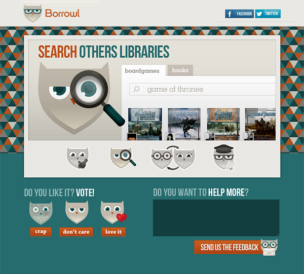 borrowl owl GUI interfaces sweet blue orange borrowing lending Items books boardgames