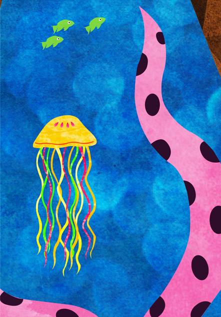 sea dream jellyfish octopus planet scuba diver diving Ocean water geometric star bridge rocks