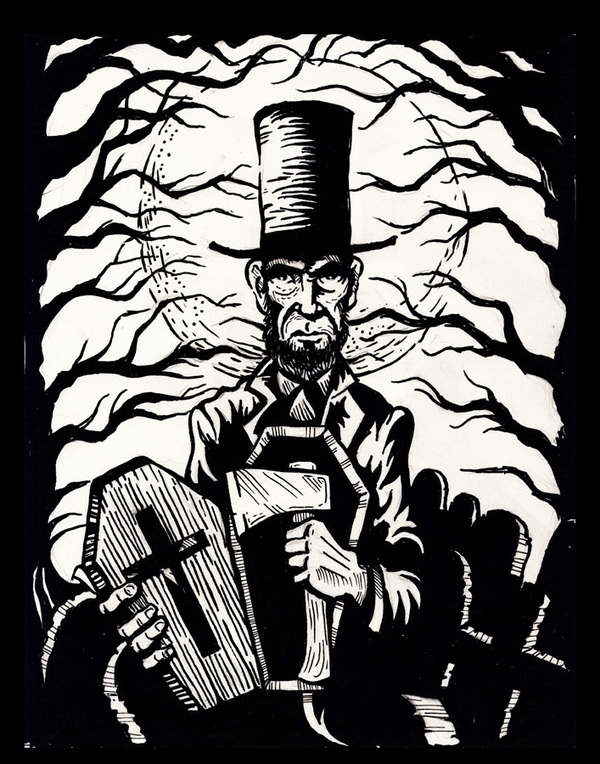 letterpress Linoprint woodblock linoblock Abe Lincoln vampire grave yard gothic american gothic history america literature American History t-shirt tee print