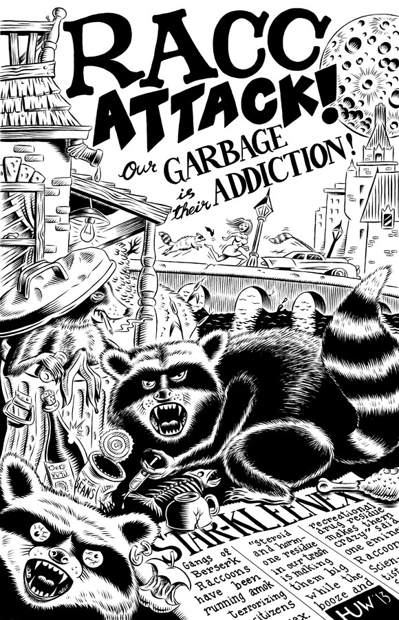 funny animals humour humor raccoons Retro Comic Book brush and ink crazy animals Drugs booze