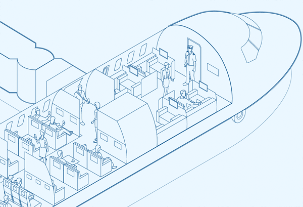 Isometric airplane cutaway people passengers crew tarmac airport air travel vector royalty-free